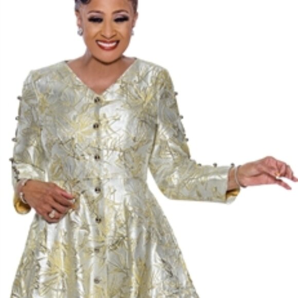 Dorinda Clark Cole 5441 Gold Brocade Button-Front Midi Dress - Picture 6 of 6